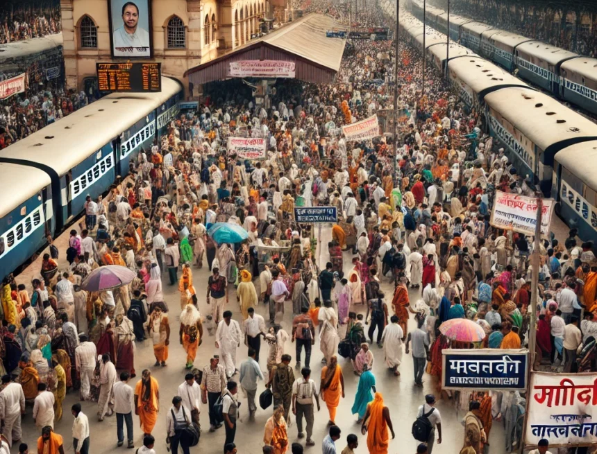 India, railway station, religious festival, crowd management, sadhus, traditional clothing, Hindi signs, busy platform, security personnel, Indian architecture, Maha Kumbh Mela