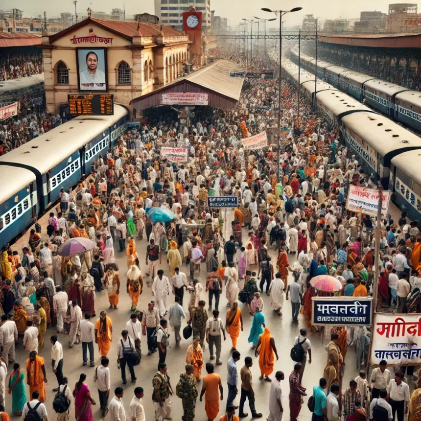 India, railway station, religious festival, crowd management, sadhus, traditional clothing, Hindi signs, busy platform, security personnel, Indian architecture, Maha Kumbh Mela