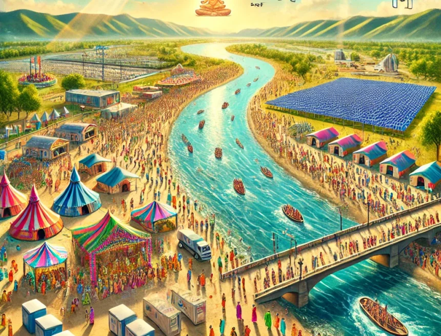 created a digital image captures vibrant and colorful scene of the event at the sacred confluence of the Ganges, Yamuna, and Saraswati rivers in Prayagraj Mahakumbha Mela 2025, Hindu festival, Prayagraj, Ganges, Yamuna, Saraswati, spiritual gathering, solar-powered stations, mobile medical camps, drones, mobile toilets, tradition and innovation, Mahakumbha Mela 2025