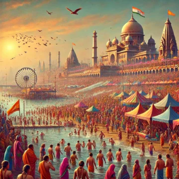 Mahakumbh Mela, Prayagraj, Triveni Sangam, pilgrims, spiritual gathering, cultural festival, sacred rivers, religious rituals, dawn, vibrant, Mahakumbh Analysis