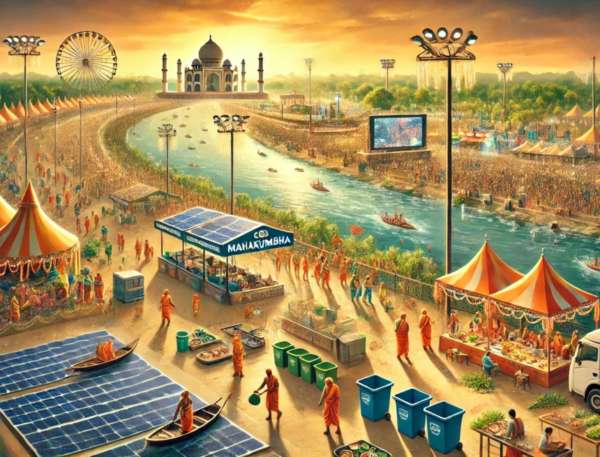 digital illustration of Mahakumbha Mela 2025, capturing the essence of sustainability and eco-friendly practices during the grand spiritual gathering Mahakumbh 2025, Sustainable Festival, Eco-Friendly Events, Green Gatherings, Plastic Free Mela, Mahakumbh Mela 2025