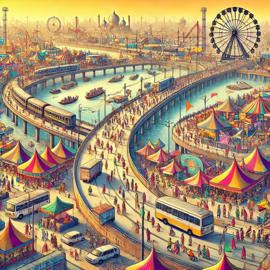 Maha Kumbh Mela, pilgrims, tents, pontoon bridges, transportation, buses, trains, boats, street vendors, makeshift markets, organized chaos, vibrant scene, cultural event, religious festival, India, economic impact, logistical challenges, Maha Kumbh Analysis 2025