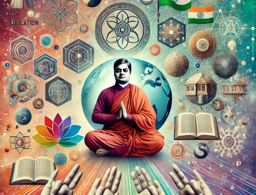 digital image Swami Vivekananda features editating, surrounded by symbols that represent spirituality Swami Vivekananda, spirituality, education, global influence, social reform, interfaith dialogue, digital collage, conceptual art