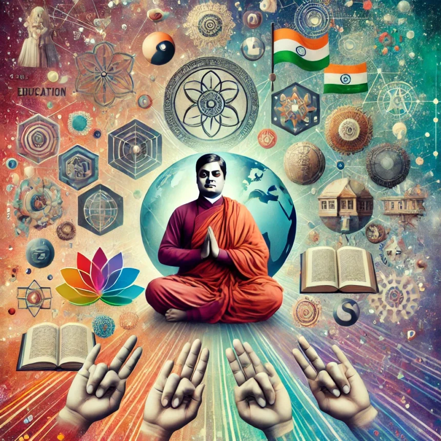 Swami Vivekananda, spirituality, education, global influence, social reform, interfaith dialogue, digital collage, conceptual art