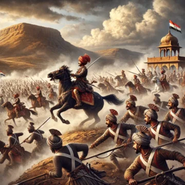 Battle of Udgir, Maratha warriors, Nizam's forces, Deccan Plateau, historical battle, 18th-century warfare, traditional military attire, horseback combat, digital painting, historical art, Battle of Udgir