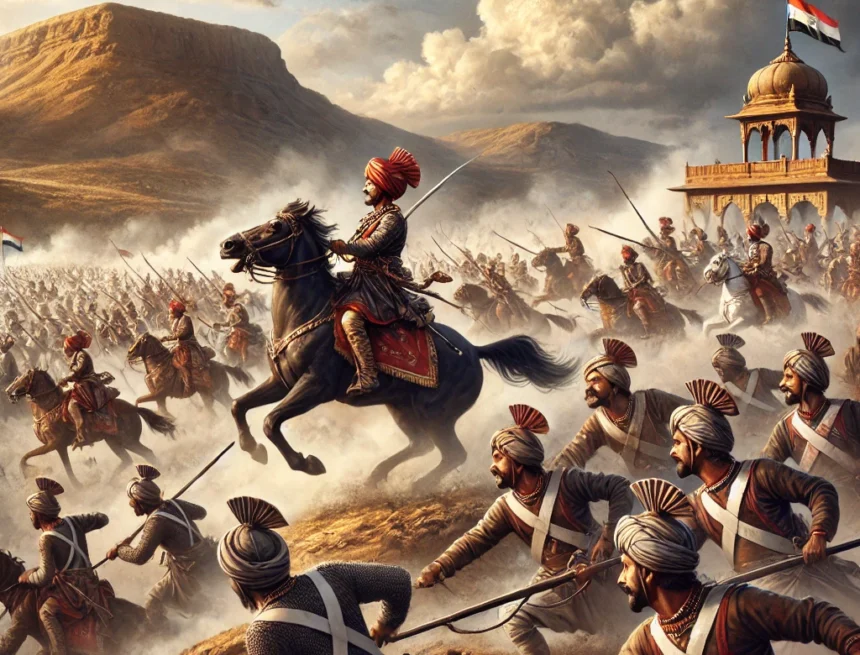Battle of Udgir, Maratha warriors, Nizam's forces, Deccan Plateau, historical battle, 18th-century warfare, traditional military attire, horseback combat, digital painting, historical art, Battle of Udgir