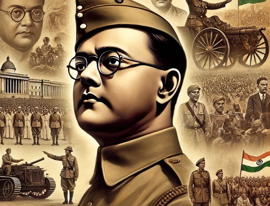 digital image depicting Subhas Chandra Bose in his military attire Subhas Chandra Bose, Indian independence, military uniform, historical figure, freedom fighter, sepia tone, oil painting, 1940s, leadership, nationalism