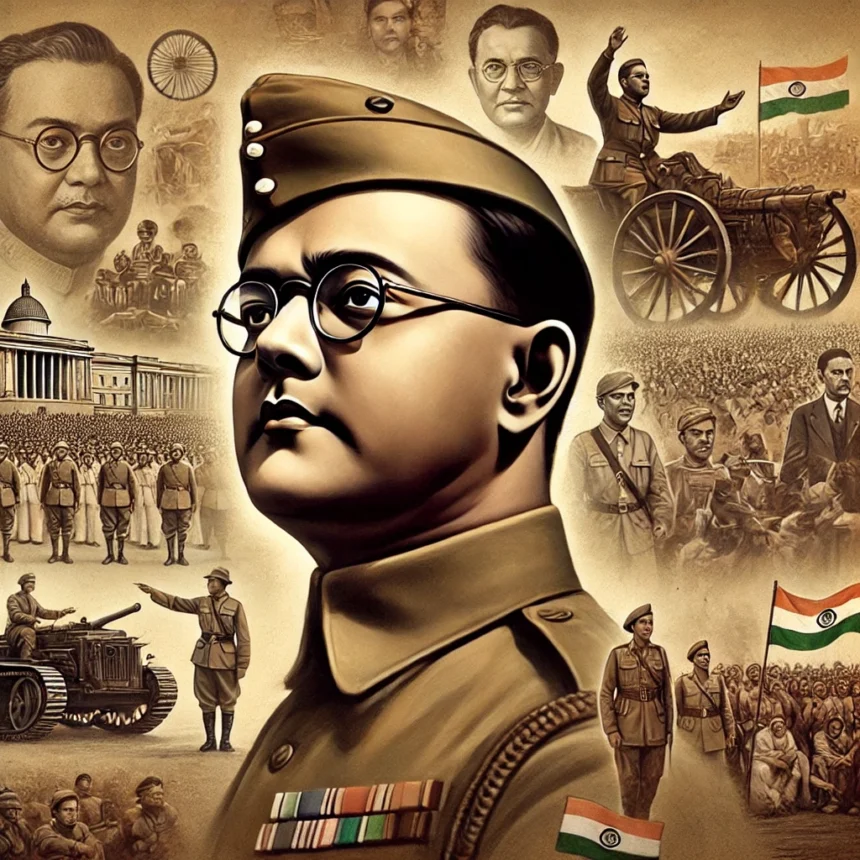 Subhas Chandra Bose, Indian independence, military uniform, historical figure, freedom fighter, sepia tone, oil painting, 1940s, leadership, nationalism