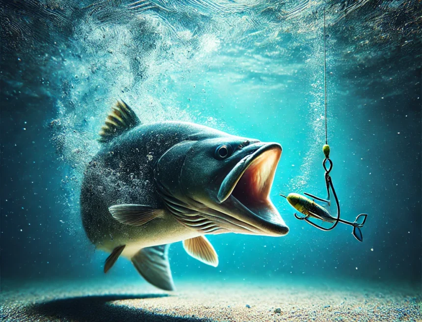 digital image depicting a fish getting caught underwater fish, bait, hook, underwater, fishing, capture, blue water, light rays, nature, wildlife