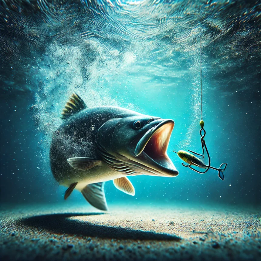 fish, bait, hook, underwater, fishing, capture, blue water, light rays, nature, wildlife