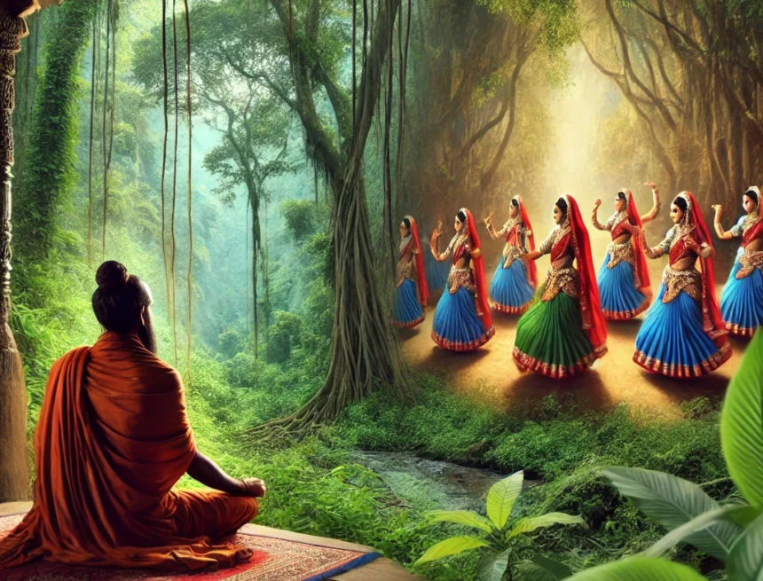 digital image depicting a serene jungle scene with a sadhu representing Rishishrang meditating and a group of women dancing and singing nearb meditation, jungle, traditional Indian attire, women dancing, women singing, Indian forest, cultural expression, tranquility, spirituality, Explore Dattatreya's Enlightenment Path as we delve into the profound wisdom imparted by the stag, symbolizing the perils of sensory pleasures. This series uncovers the allegorical teachings that warn against the distractions of mundane allurements, guiding seekers towards spiritual vigilance and ethical living