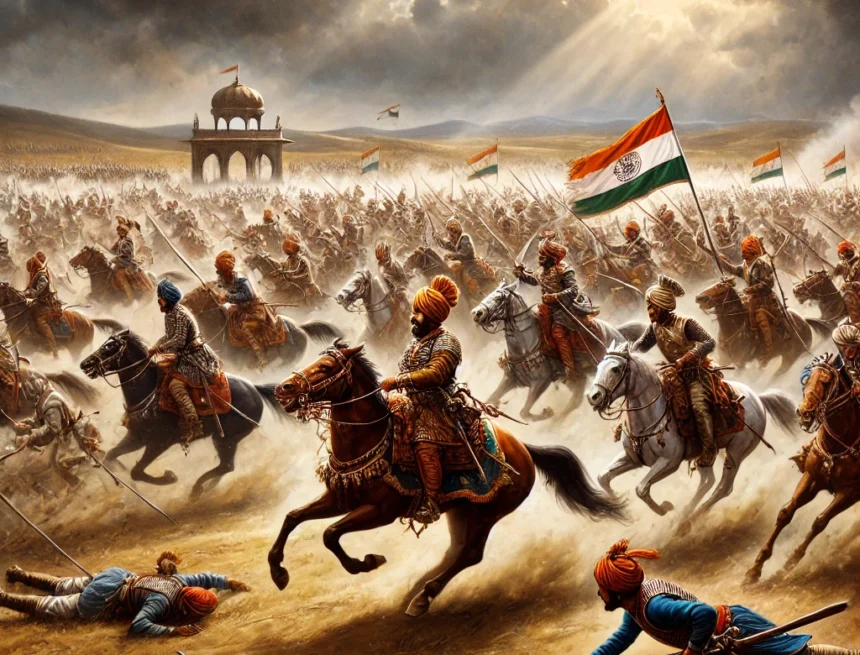 digital image depicting the dramatic representation of the Battle of Narela in 1757, capturing the intense clash between the Maratha and Durrani forces Battle of Narela, Maratha Empire, Durrani Empire, Indian history, military tactics, cavalry charge, traditional armor, historical battle