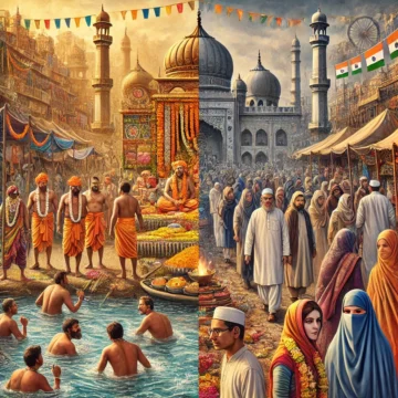 cultural festival, Hindu pilgrims, Muslim observers, religious diversity, India, traditional attire, peaceful coexistence, river rituals, cultural complexity, Maha Kumbha Mela