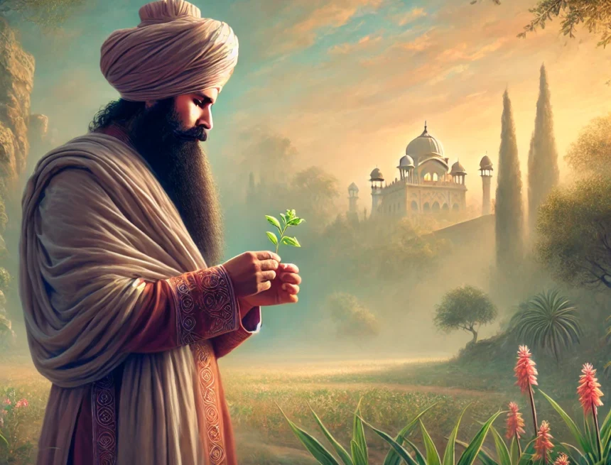 digital image of Guru Har Rai, depicted in a serene and inspiring setting as he tends to plants in a lush garden, embodying his compassion and connection to nature and essence of his spiritual life Guru Har Rai, Sikh Guru, spiritual leader, nature, healing, ancient India, Sikhism, peaceful, traditional attire, historical figure