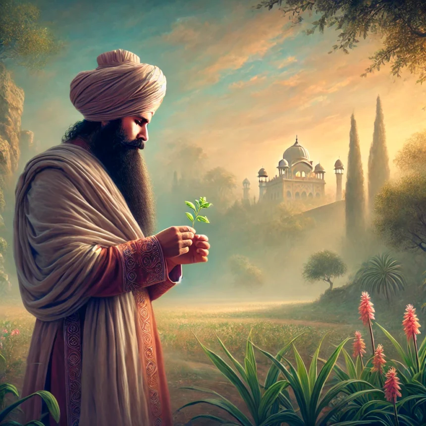 Guru Har Rai, Sikh Guru, spiritual leader, nature, healing, ancient India, Sikhism, peaceful, traditional attire, historical figure