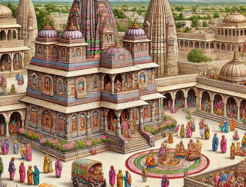 digital image of the Srinathji Temple in Nathdwara in traditional Rajasthani architectural style with vibrant murals and a festive atmosphere Srinathji Temple, Nathdwara, Rajasthani architecture, Hindu festival, Lord Krishna, traditional Indian attire, temple murals, devotional rituals, cultural heritage, vibrant celebration