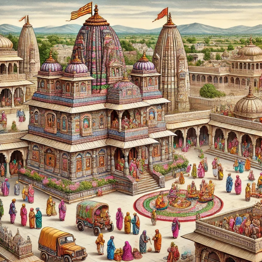 Srinathji Temple, Nathdwara, Rajasthani architecture, Hindu festival, Lord Krishna, traditional Indian attire, temple murals, devotional rituals, cultural heritage, vibrant celebration