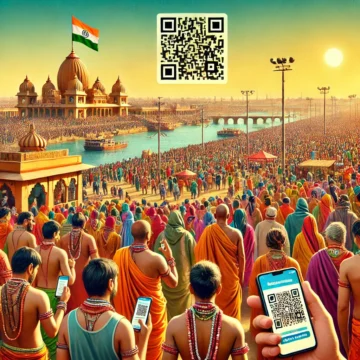 Maha Kumbh Mela, Prayagraj, Triveni Sangam, pilgrims, identity bands, QR codes, traditional Indian architecture, spiritual gathering, modern technology, cultural event