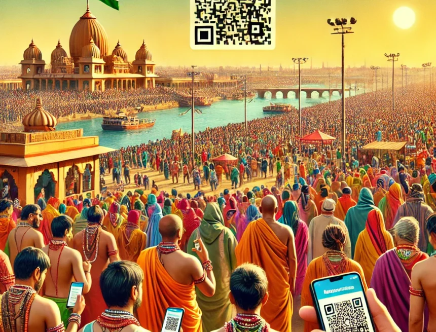 digital image on Maha Kumbh Mela depicts vibrant scene at Prayagraj with pilgrims using modern technology such as QR codes while participating Maha Kumbh Mela, Prayagraj, Triveni Sangam, pilgrims, identity bands, QR codes, traditional Indian architecture, spiritual gathering, modern technology, cultural event