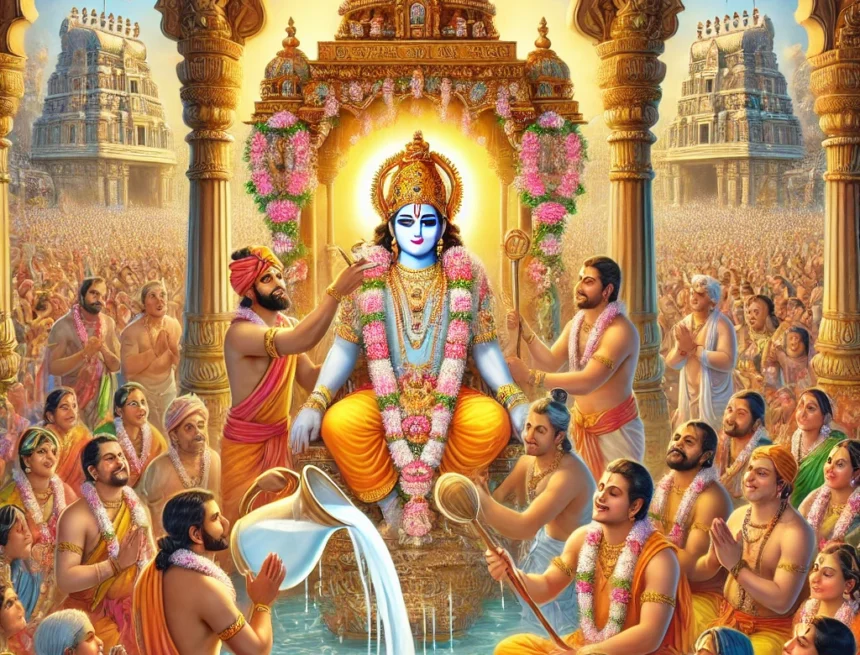 digital image on Pushya Abhishekam showcases the abhishekam ceremony dedicated to Lord Rama Pushya Abhishekam, Hindu festival, Lord Rama, South Indian culture, abhishekam ceremony, temple ceremony, traditional attire, religious celebration, spiritual gathering, cultural heritage