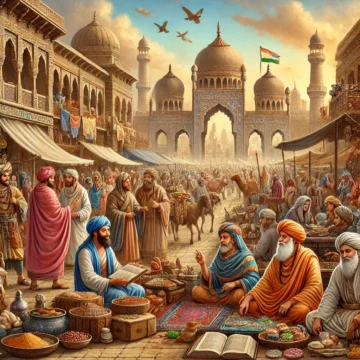 Silk Road, cultural exchange, Vedic Indian, Islamic Arab, historical marketplace, traditional attire, spices, textiles, manuscripts, ancient trade, Vedic Roots of Islam