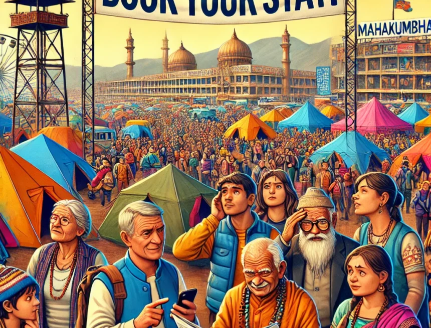 digital image representing the accommodation challenges at the Mahakumbha festival Mahakumbha, festival, accommodation, pilgrims, tents, homestays, busy, crowded, travel, cultural event, booking challenges, Mahakumbha Mela