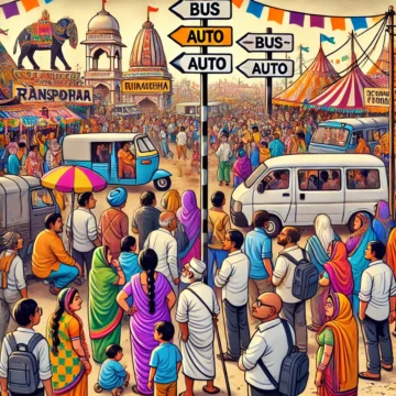 Mahakumbha, transportation challenges, pilgrims, festival crowd, Indian culture, colorful banners, crisscross signs, diverse attendees, traditional festival, Mahakumbh Mela