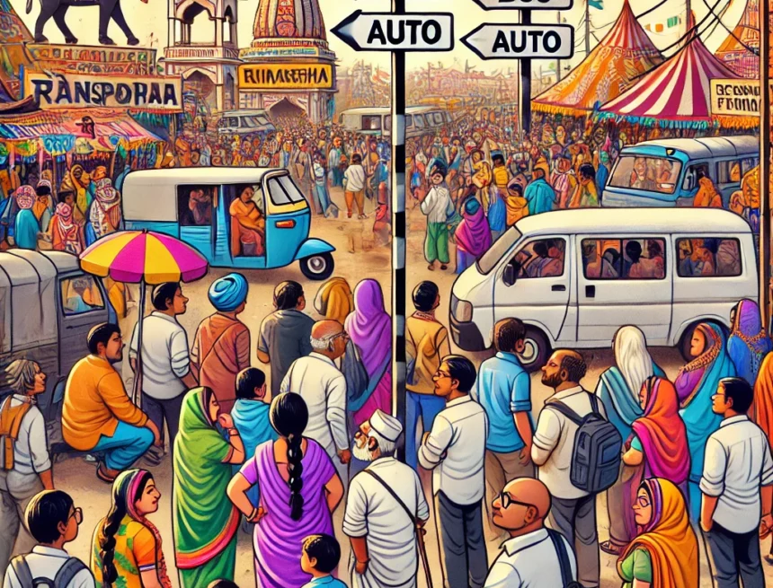 digital image represents the transportation challenges faced by pilgrims at Mahakumbha festival capturing the diverse crowd and their quest for transport options Mahakumbha, transportation challenges, pilgrims, festival crowd, Indian culture, colorful banners, crisscross signs, diverse attendees, traditional festival, Mahakumbh Mela