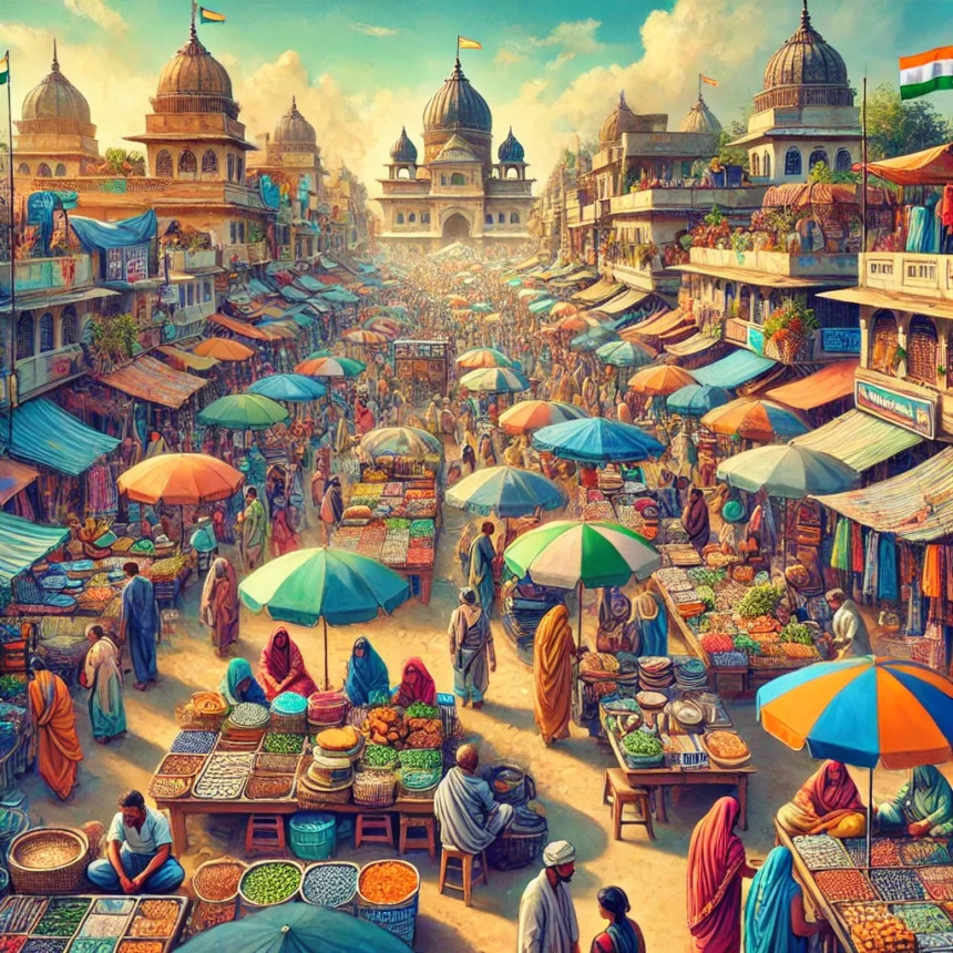 Maha Kumbh Mela, Prayagraj 2025, marketplace, small businesses, street vendors, Indian festival, cultural event, economic impact, local entrepreneurship, traditional food, colorful canopies, Maha Kumbh Mela 2025