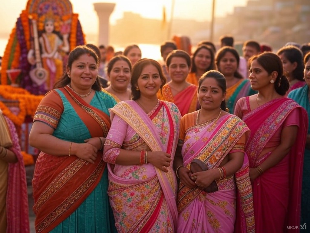 festival, traditional attire, Indian women, cultural celebration, Saraswati Puja, religious event