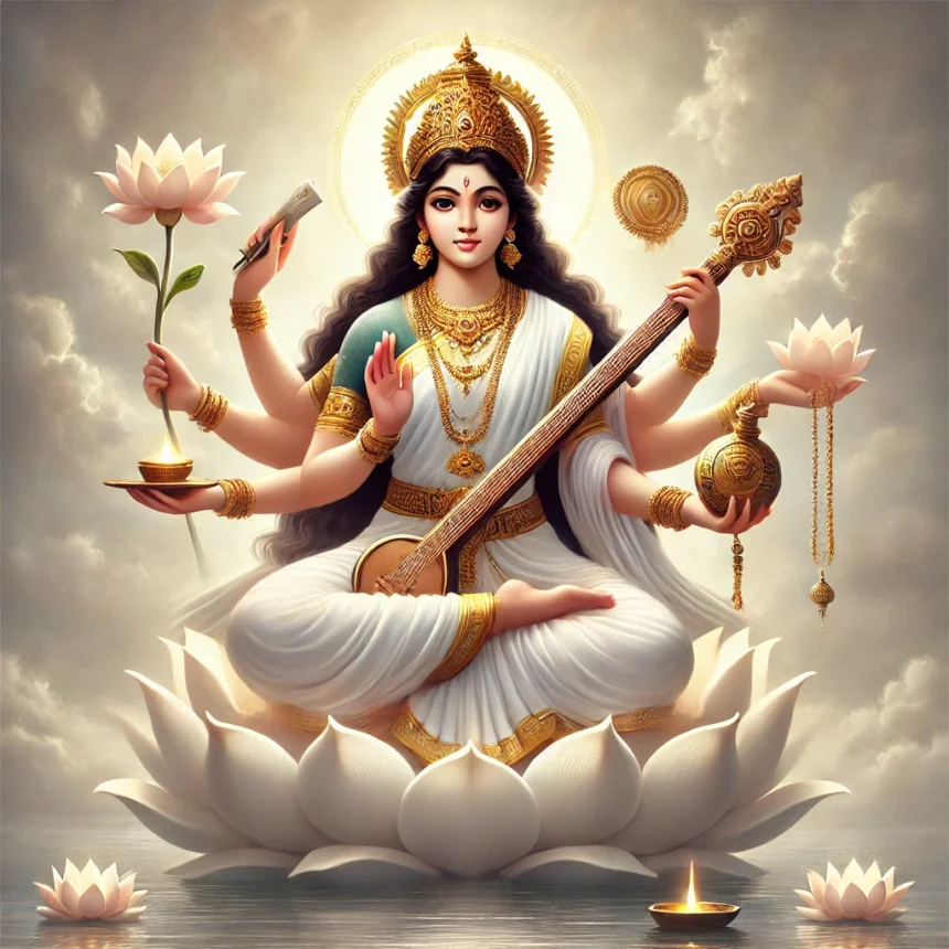 Hindu goddess, Saraswati, veena, book, white lotus, tranquil river, meditation, purity, spiritual, cultural icon, Basant Panchami