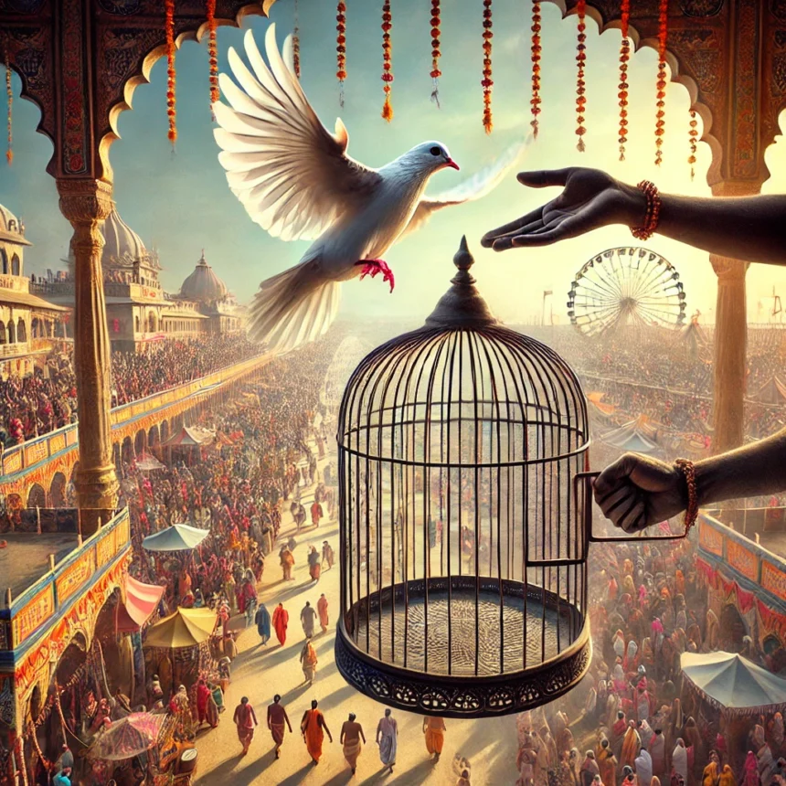 Maha Kumbha Mela, bird release, spiritual liberation, moksha, karmic cycle, Indian festival, pilgrims, dove, clear sky, colorful banners, Maha Kumbha Mela 2025