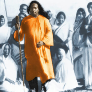 vintage, historical, colorized photo, Indian clothing, spiritual leader, group of people, traditional attire, Paramahansa Yogananda, Kriya Yoga