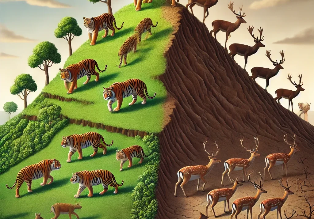symbolic representation, population dynamics, contrasting growth, animal metaphor, community contrast, environmental disparity