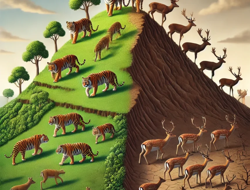 A symbolic digital illustration showing two groups of animals on opposite sides of a hill. Population Disparity Reflecting reduction of Hindus symbolic representation, population dynamics, contrasting growth, animal metaphor, community contrast, environmental disparity