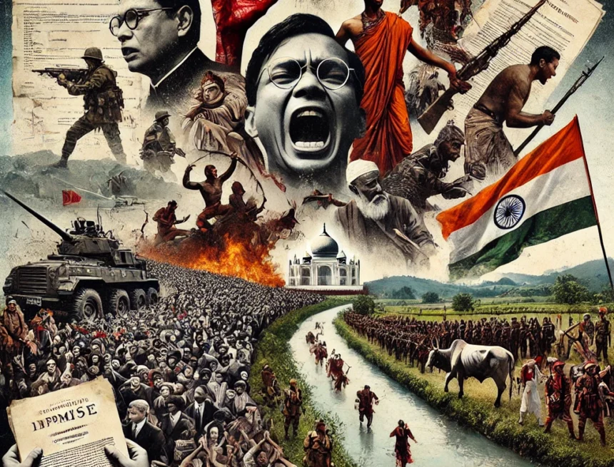 Assam Agitation, Khoirabari Massacre, political turmoil, immigrant distress, governmental neglect, historical violence, Assam landscape, surreal art, digital collage, historical commemoration