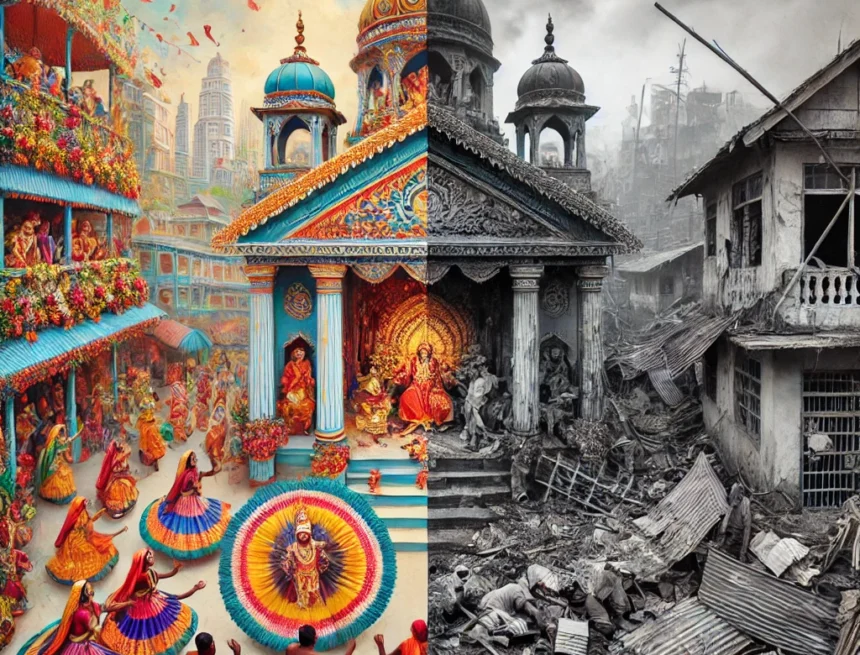 Bangladesh Hindu community split digital image contrasting two scenes_ on one side, vibrant cultural celebrations of Bangladesh's Hindu communit Bangladesh, Hindu community, cultural heritage, religious celebration, despair, migration, deserted homes