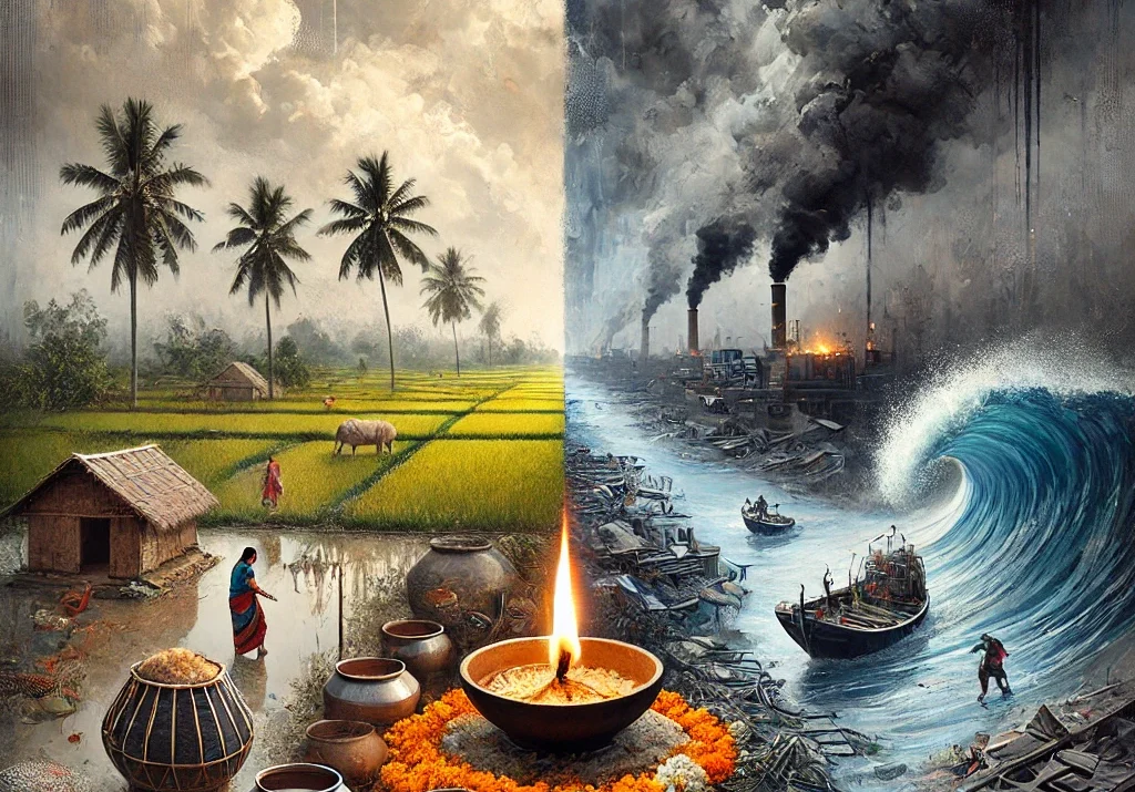 cultural tension, Hindu symbols, West Bengal landscape, serene, chaotic, Diya lamp, marigold flowers, dark clouds, turbulent waters, somber mood, cultural struggle, minority stress