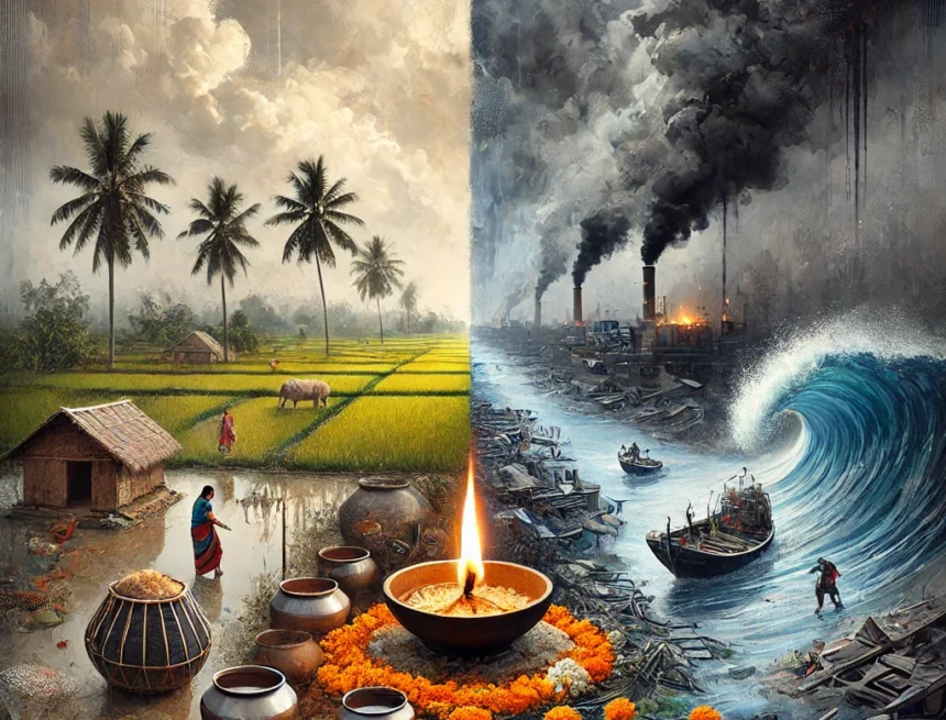 Hindu persecution in West Bengal poignant and thought-provoking image representing the struggle of the Hindu minority in West Bengal. The image should feature a divided lands cultural tension, Hindu symbols, West Bengal landscape, serene, chaotic, Diya lamp, marigold flowers, dark clouds, turbulent waters, somber mood, cultural struggle, minority stress