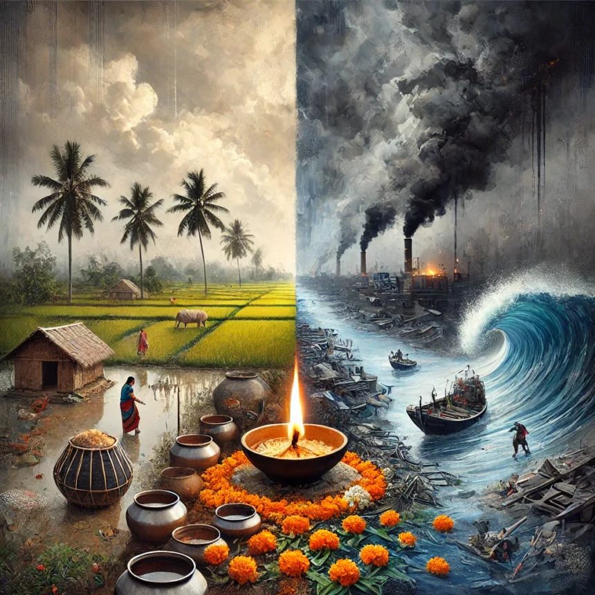 cultural tension, Hindu symbols, West Bengal landscape, serene, chaotic, Diya lamp, marigold flowers, dark clouds, turbulent waters, somber mood, cultural struggle, minority stress