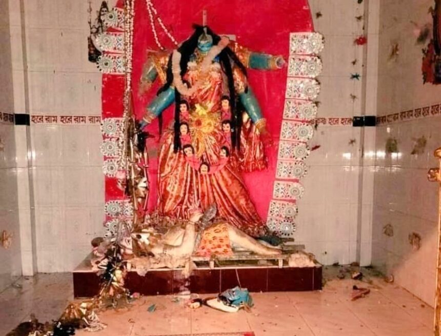 Hindu temple Bangladesh 9 vandalized temple, Goddess Durga, Hindu persecution, religious intolerance, temple desecration, cultural vandalism, Bangladesh temple attack, religious conflict, communal violence, sanctuary violation, Hindus under attack, attacks on Hindus