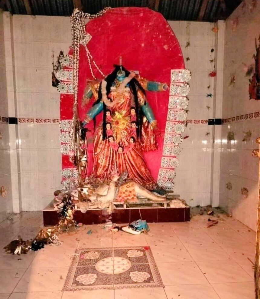 vandalized temple, Goddess Durga, Hindu persecution, religious intolerance, temple desecration, cultural vandalism, Bangladesh temple attack, religious conflict, communal violence, sanctuary violation, Hindus under attack, attacks on Hindus