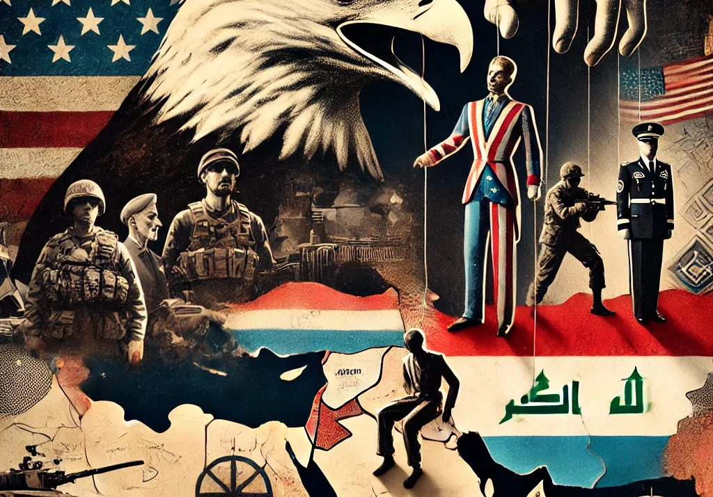 US influence, dictatorship, military control, puppet government, geopolitical tension, American eagle, Middle East, power dynamics, political manipulation, somber tone