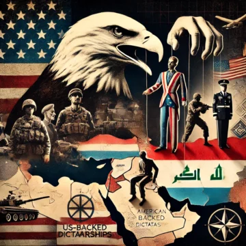 US influence, dictatorship, military control, puppet government, geopolitical tension, American eagle, Middle East, power dynamics, political manipulation, somber tone