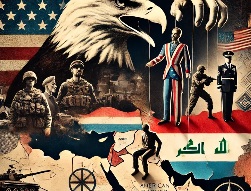 Iran Revolution and its impact digital collage representing themes related to US-backed dictatorships. The image should include symbolic representations of American influence, suc US influence, dictatorship, military control, puppet government, geopolitical tension, American eagle, Middle East, power dynamics, political manipulation, somber tone