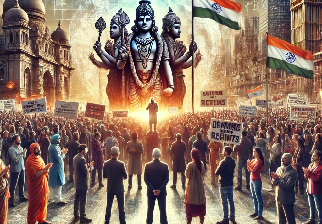 unity, community advocacy, global Hindu community, urban protest, solidarity, human rights, demand for action, diverse group, city backdrop, public demonstration