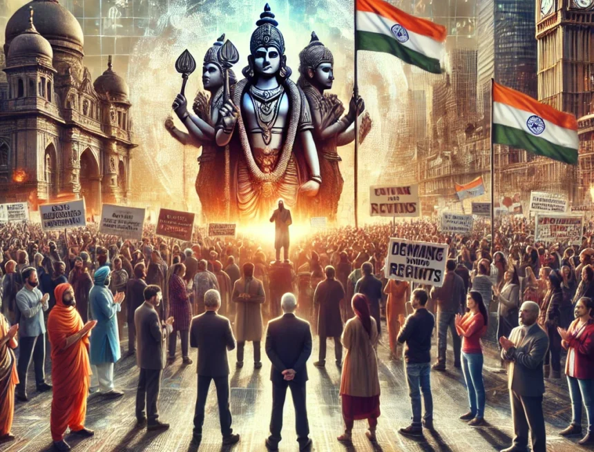 Unity and Demand Marichjhapi massacre powerful digital image representing the concept of 'Unity and Demand' in the context of a community advocacy unity, community advocacy, global Hindu community, urban protest, solidarity, human rights, demand for action, diverse group, city backdrop, public demonstration