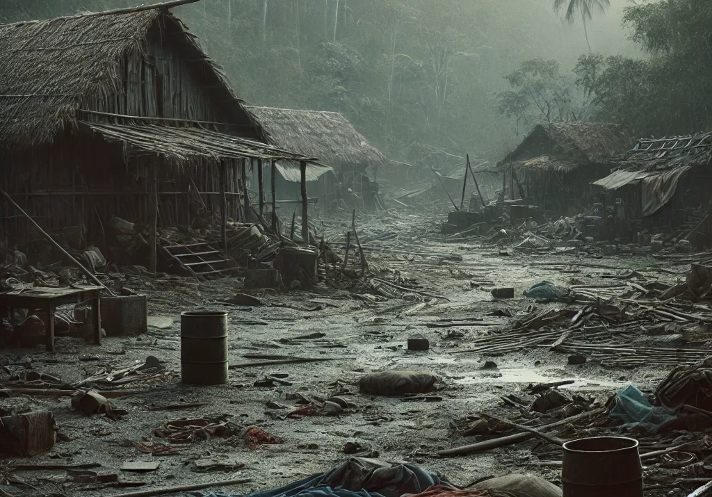 massacre aftermath, abandoned village, dilapidated huts, remote island, haunting scene, subtle violence, somber mood, tragic event, isolated setting, bangladesh Hindus, Bangladesh Hindu Killings, Bangladesh Hindu massacre