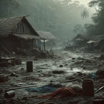 massacre aftermath, abandoned village, dilapidated huts, remote island, haunting scene, subtle violence, somber mood, tragic event, isolated setting, bangladesh Hindus, Bangladesh Hindu Killings, Bangladesh Hindu massacre