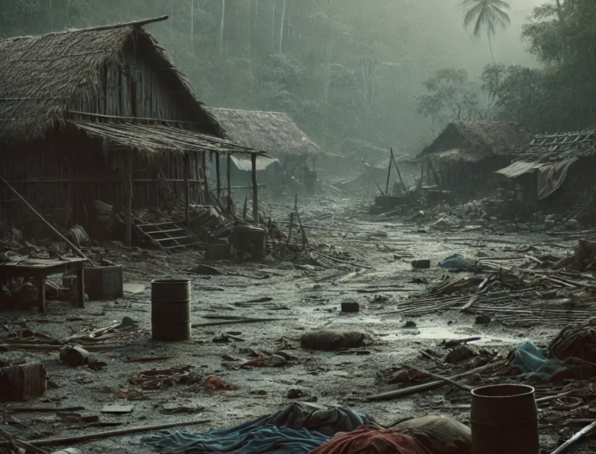 digital image depicting the aftermath of a massacre on a remote island abandoned village with dilapidated destruction. bangladesh hindus massacre massacre aftermath, abandoned village, dilapidated huts, remote island, haunting scene, subtle violence, somber mood, tragic event, isolated setting, bangladesh Hindus, Bangladesh Hindu Killings, Bangladesh Hindu massacre